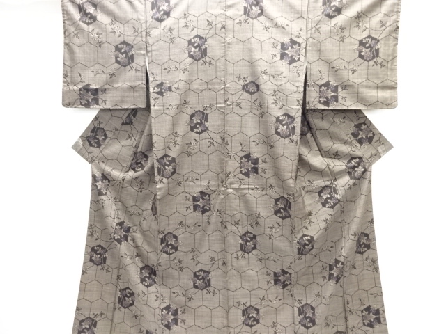 JAPANESE KIMONO / SILK / DORO OSHIMA TSUMUGI / WOVEN KIKKO & FLOWERS